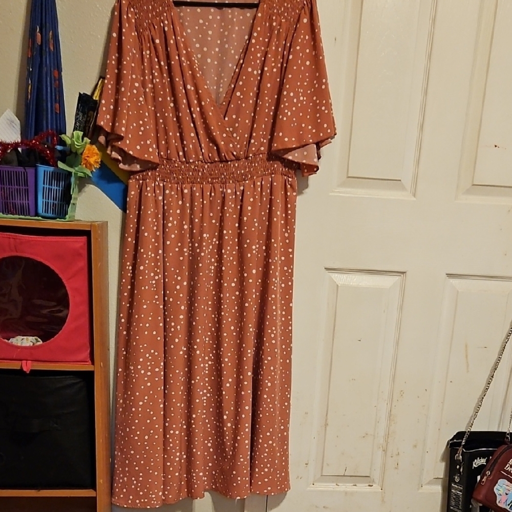 SHEIN Brown Midi Sundress with Flutter Sleeves and Plunge Neckline